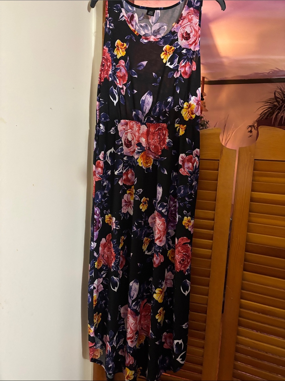 Black Floral Sleeveless Maxi Dress with Pink & Yellow Blooms